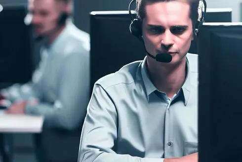 Two call center operators wearing headsets are working at their desks, focusing on their computer screens in a professional office environment.