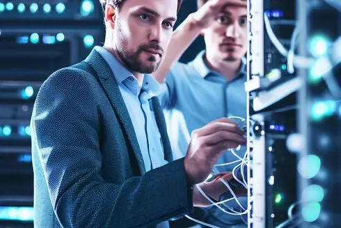 Two men in a server room, one adjusting network cables while the other observes closely, surrounded by racks of servers with blinking lights.